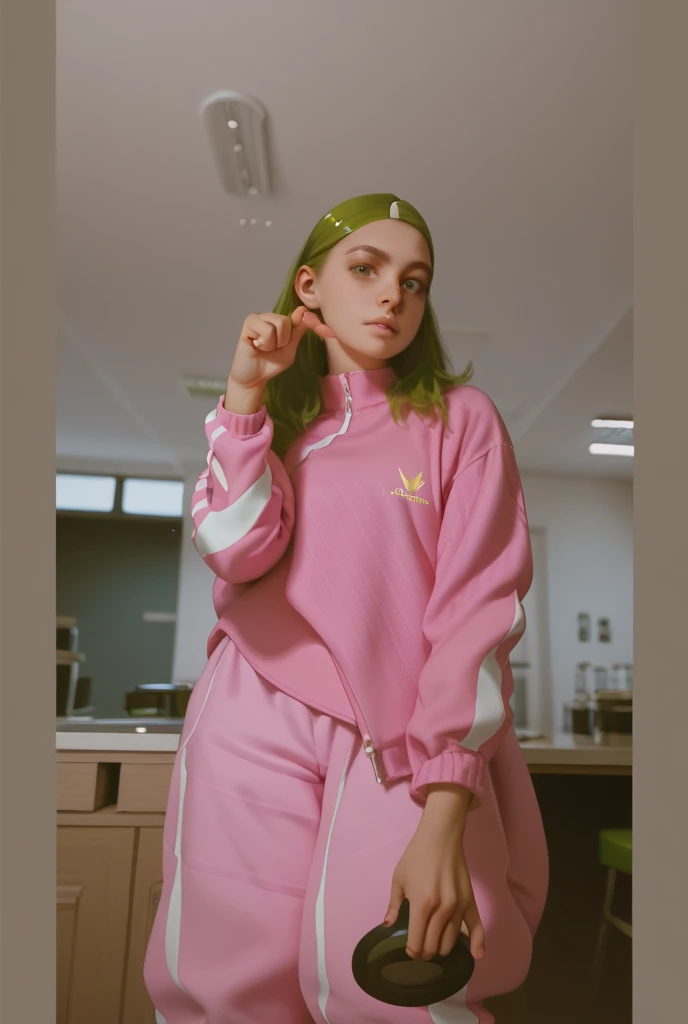 Photorealist, best qualityer, hyper detailled, beautiful british woman, with wavy black hair in a half-up hairstyle, vibrant green eyes, she is wearing a pink sweatshirt with a denim skirt and an Air sickle with calf-high socks