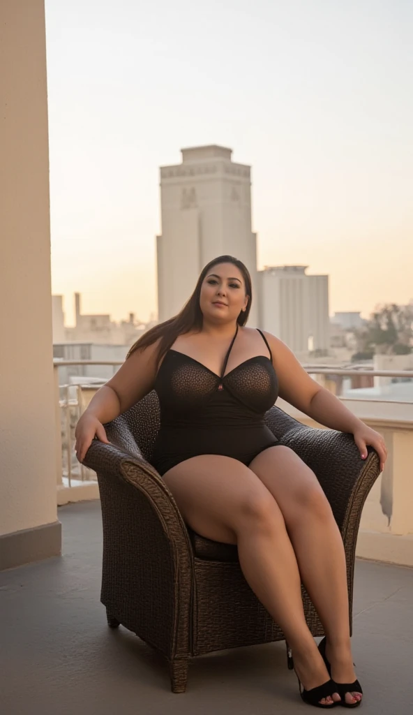 a woman in a standing on a balcony looking out at a castle, wearing bra, curvy ,thick thigh, Loong legs, pawg, full body, wide HIPS , beautiful wide ass,wide big breasts