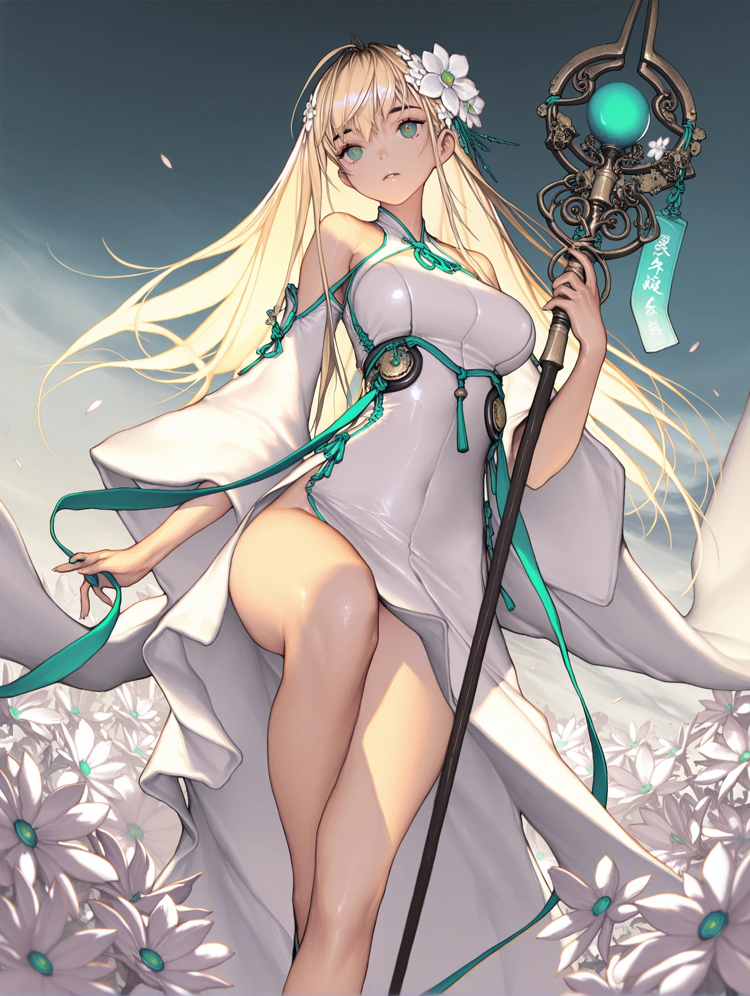 beautiful girl, long white hair, green eyes, stunningly gorgeous, wearing a tight white top, white panties, black boots, beautiful butt, beautiful breasts, highly detailed, smooth skin, slim and fit, confident pose, alluring expression, perfect lighting, (masterpiece: 2), best quality, ultra highres, original, extremely detailed, perfect lighting