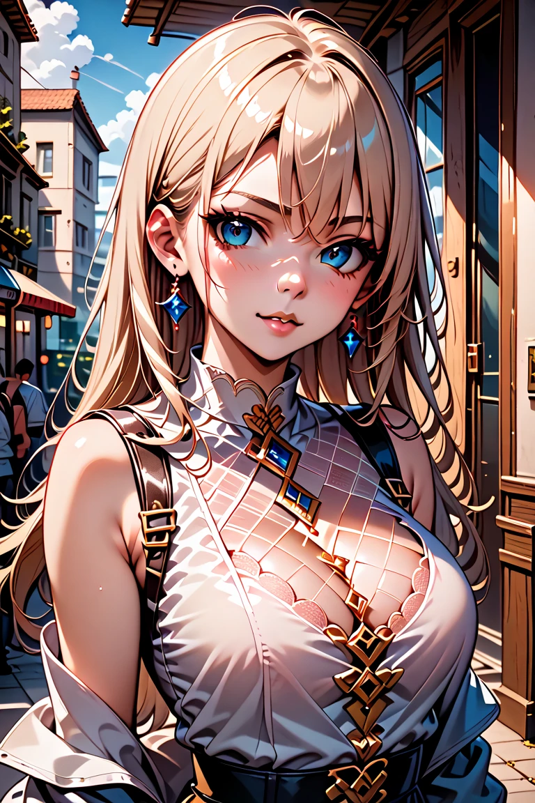 No sleeve,Sweaty,A perfect smile, (Perfect Anatomy, Anatomically correct, Highly detailed skin), Cute and symmetrical face, Perfect Face, Perfect Eyes, Perfect Fingers, Five Fingers, ((Hairstyle,blonde,Bobcut,hairpin)),Open-chested clothing,,((Shoulder bag,Hang at an angle)),(((whole bodyの描写,whole body))),Large Breasts,(((Downtown at night,alley))),((Adult female,sexy)),(((Wearing a black dress)))Surrounded by men