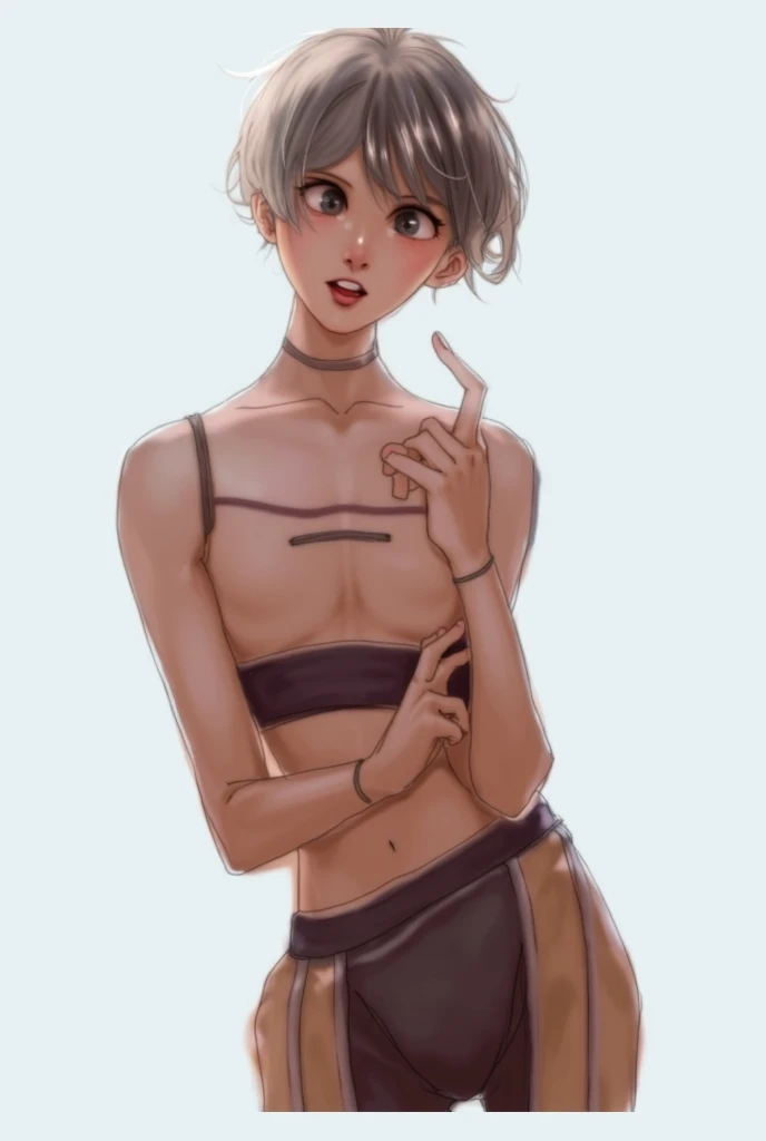 riley fairfeather, 18, solo, 1 girl, hands behind back, freckles, slingshot swimsuit, small breasts, dark skin, dark-skinned female, purple eyes, short hair, green hair, multicolored hair, very short hair, black hair, undercut, gradient hair, two-tone hair, ear piercing, nose piercing, exposed intimate parts, flustered, added cute pink filter, kawaii, super cute, adorable, masterpiece, best quality, 4k ultra hd,