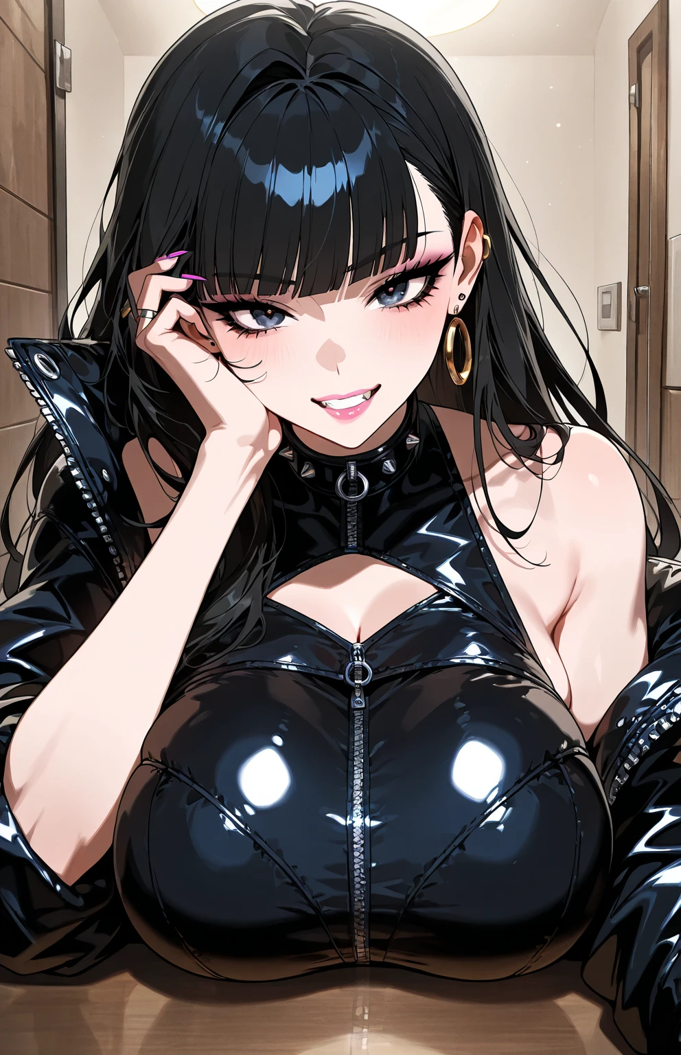 (masterpiece), (best quality), Nico Robin (one piece), best quality, ultra detailed, 1girl, solo, standing, black hair, long hair, black eyes, bangs, medium breasts, tie, look, smile, (bad: 1.2), looking at the crew members, (interview: 1.3), (dark background, chains: 1.3) breasts out,