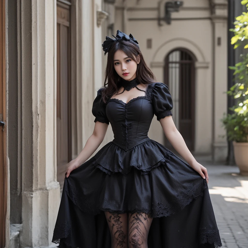 there is a woman (rosie blackpink) in a dress and mask standing in a room, concept art inspired by Li Chevalier, trending on cg society, gothic art, gothic and futuristic, on a checkered floor, dark fantasy female magician, gothic clothing, gothic fashion, cosplay on black harley queen, angel knight gothic girl, gothic style, gothic knight, gothic clothes