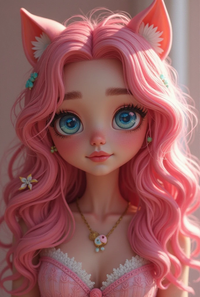 girl with pink and green hair, with braids in her hair and light clothes and realistic eyes, HDR image