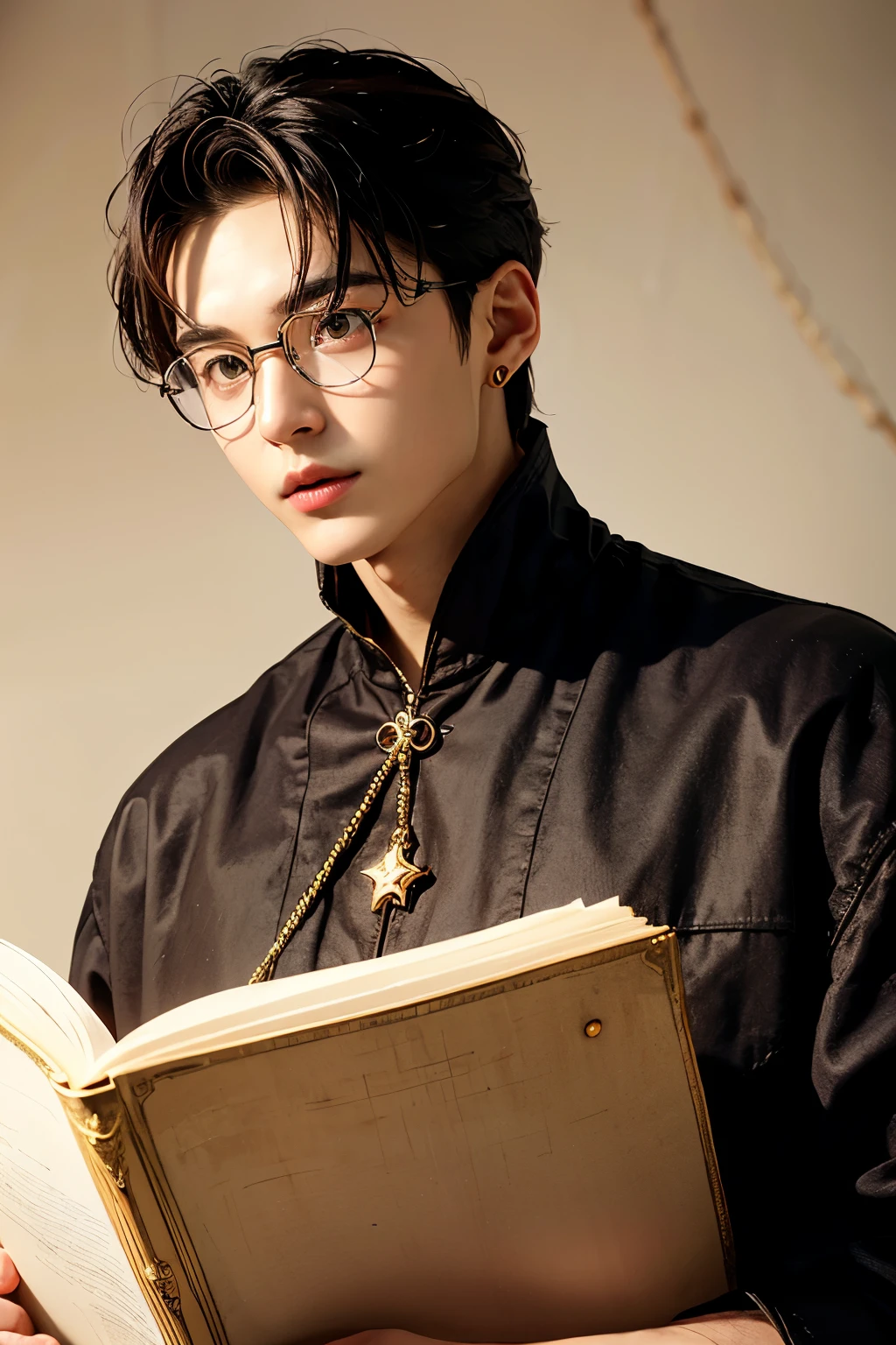 Beautiful mouth area with smooth skin((Brown eyes with a strong hanging angle))Smooth, smooth skin and a healthy tan((精密細密なplain glasses))27 year old man is an advanced wizard(Smooth, smooth skin, thin chin and cheeks)dark brown hair and big dark brown eyes(Dark brown dyed hair)read a very large magic book、A magical room with neon-glowing magic squares and magic tools、read a very large magic book((Relaxed fantasy outfits))Precise, detailed, large brown eyes(27 year old man keeps his mouth shut)Beautiful, smooth skin