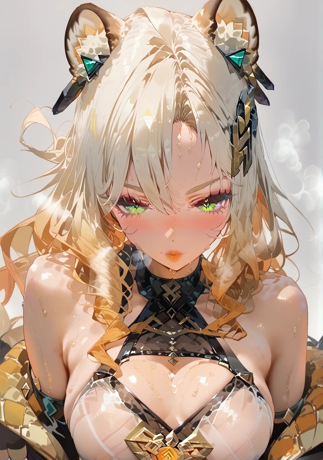 best quality, super fine, 16k, incredibly absurdres, extremely detailed, delicate and dynamic, cute beauty dressed as a bunny girl, caught in a gold and silver plated spider web, pop design art