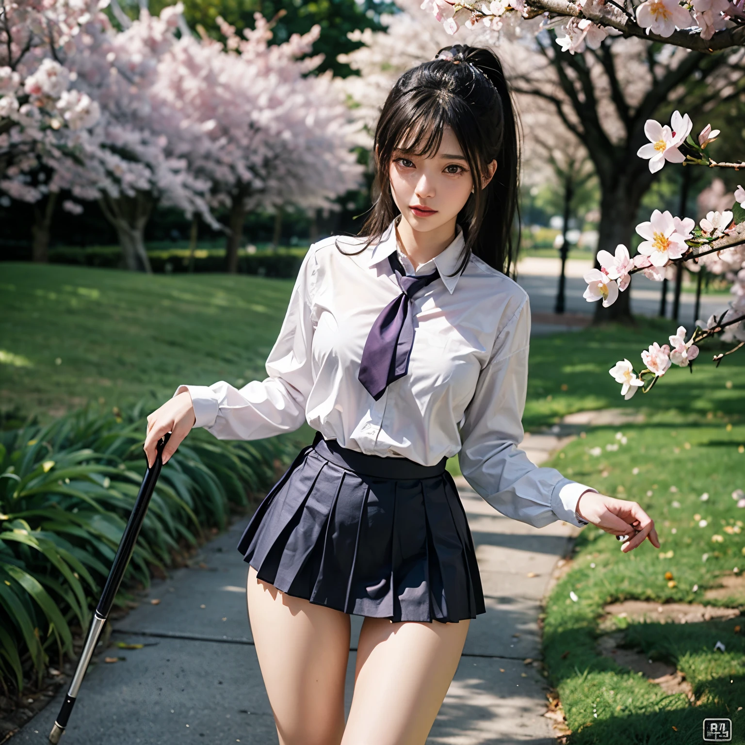 (((nude, naked))),masterpiece, best quality,girl,young girl, plum_pie eyes, brown, choppy bob,envious _face,shiny skin,medium breasts,nice leg line:1.3,thick thighs, thin waist,school uniform, thighhighs,necktie,((pencil skirt)),red color high heels, pantyhose, , Pathway_lined_with_blooming_cherry_blossom_trees,,looking at viewer,from below,full body, legsupsexms,