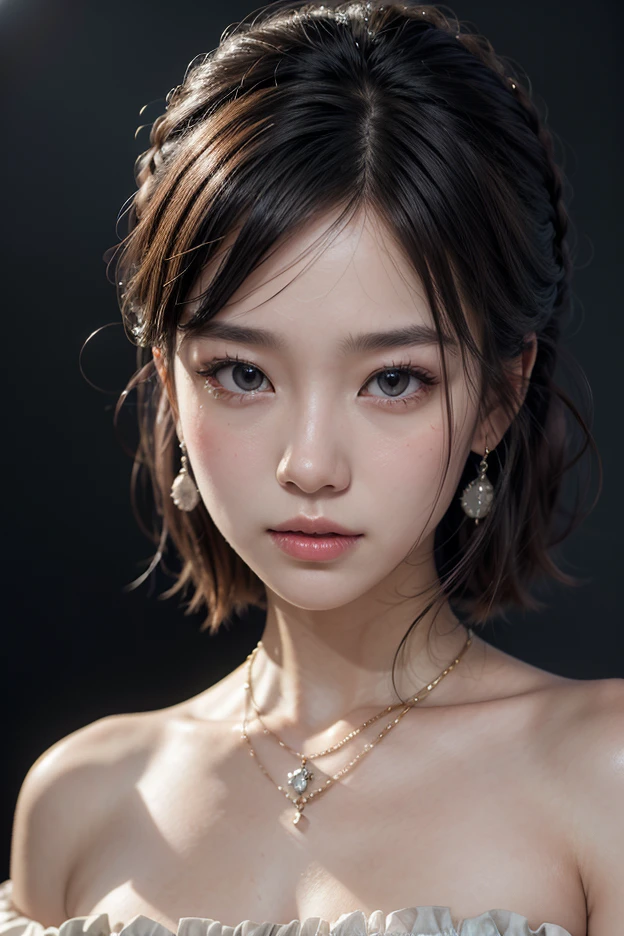 (half - body shot,streetlights,Moon),masutepiece, 1girl in, solo exhibition, Beautiful woman on a bustling street, Surrounded by peddlers, Portrait of a beautiful goddess girl, beautiful and detailed face, Porcelain Skin, (((bustshot, Center, Night, Black hair, Short hair)), Ultra-soft lighting, symmetry, Complexity, Elegance, high detailing, Realism, Art Book, Concept art,