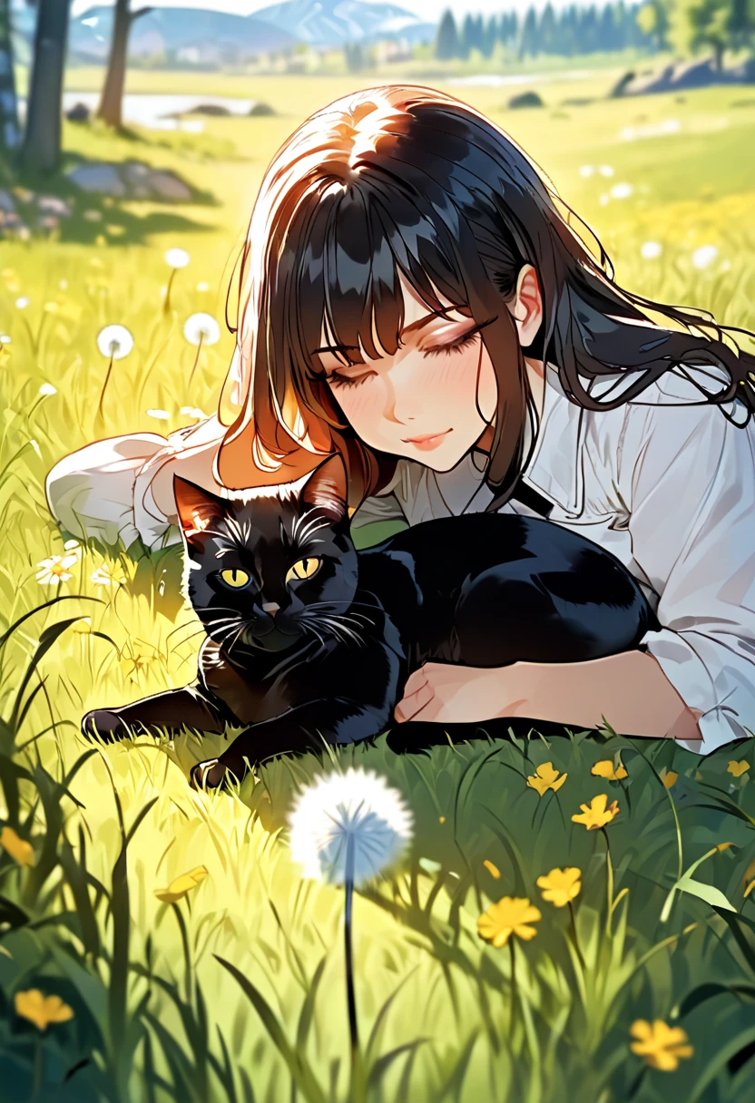 Adjusting lines and colors, illustration of pale shades of pencil and ink, woman sleeping with cat, carp swimming in the back, butterflies fluttering, anime-style illustration, uniform, white shirt, blue ribbon, blue skirt, dark blue hair, white skin, sleeping, bob cut, flowers dying