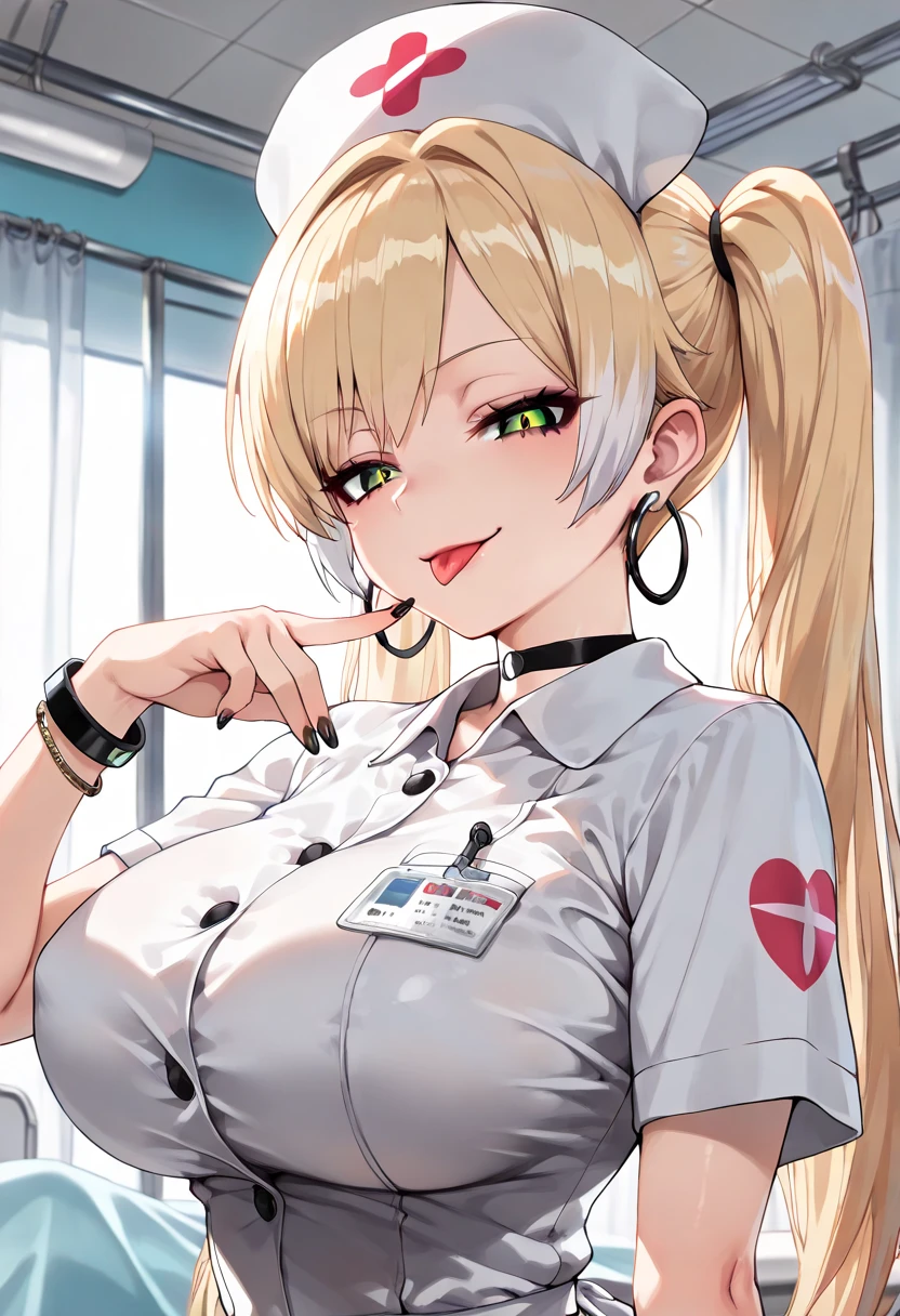 1womanl, Nurse, Uniforme de Nurse, Nurse Cap, White dishes, ((White pants, zetai ryouiki)), whitegloves, hair blonde, blue colored eyes, batons rosa, ssmile, standing, sharp contour, manga curta, a mature woman, 3, best qualityer, work of art, Ward, As the chest shows, chest escaping, rain on the face, sultry posing, visible udder, breasts big