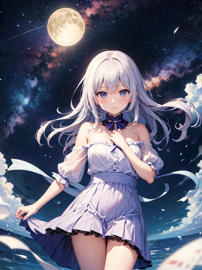 1girl, (solo), long hair, white hair, blue eyes, fair skin, small breasts, small size, glossy lips, happy face, white little dress, barefoot, looking down on viewer, full body, sex view, space, (night), blue moon, (very sexy body, detailed face, masterpiece, highly detailed, 8k, best quality, vibrant colors, digital art, concept art).