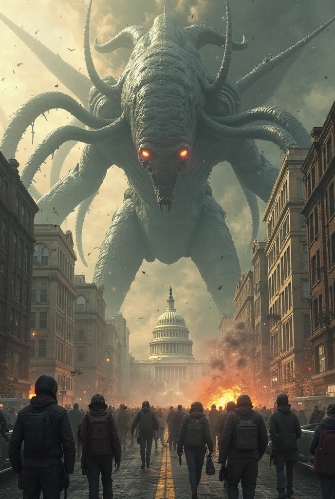 arafed image of a group of people walking down a street, still frame from prometheus, giant kaiju starfish monster, by Víctor Manuel García Valdés, spherical black helmets, sinister dark fantasy, inspired by Gabrijel Jurkić, russian opposition rally, giant cthulhu, laboratory in the background, marine microbiology, in formation --auto --s2