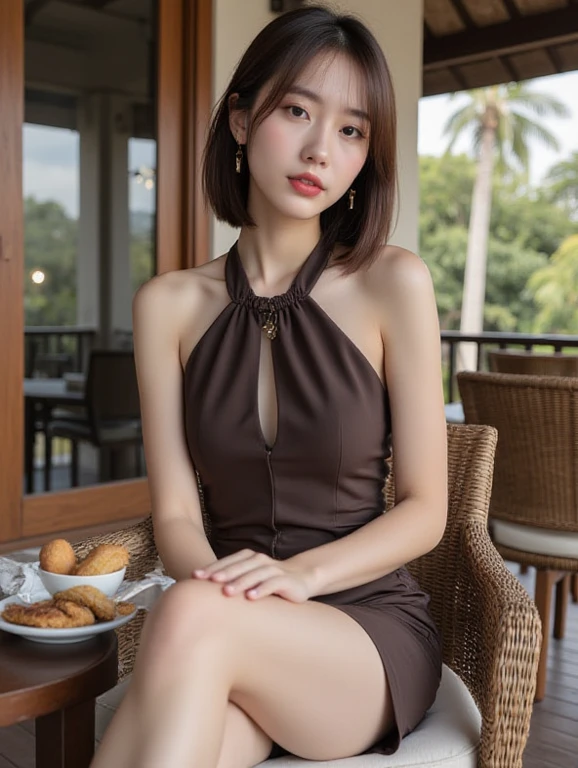 (highest quality,masterpiece:1.3,ultra high resolution,),(Super detailed,caustics),(Photoreal:1.4,RAW shooting,)ultra-realistic capture,very detailed,High resolution 16K human skin close-up。 natural skin texture、,The pores are、、、、Must be detailed enough to be easily identified。 Skin should look even-toned and healthy。 Use natural light and color,restaurant,waitress uniform,1 girl,Japanese,18-year-old,cute,black haired,ponytail,big breasts,smile,turn your body forward,(Front view:1.1),look at the camera,cowboy shot,