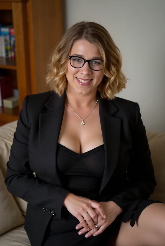 Photograph of a 40-year-old woman, chubby, blond hair, With glasses, masterpiece, brassiere, underwear, bra_negro, jacket, panties_black