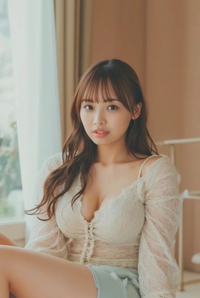 ((masterpiece)), ((highest quality)), (super detailed), Beautiful woman ,alone, beautiful light brown hair, long wavy hair , ((beautiful eyes)), huge breasts , baggy clothes , ~ side , cleavage, No underwear, perfect body,  put your hands behind your back, kneel on the floor