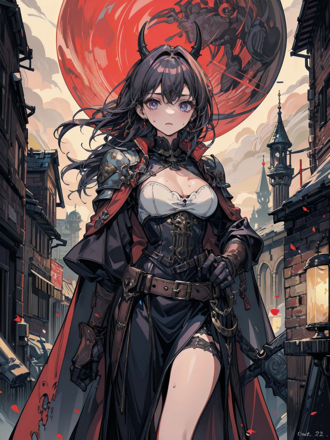 1girl, blonde hair, crown, weapon, sword, blue eyes, solo, thighhighs, cape, looking at viewer, white thighhighs, armor, holding sword, holding weapon, holding, castle, mini crown, open mouth, white gloves, red cape, gloves, sky, short hair, cloud, day, ribbon, outdoors, hair ribbon, blush, breastplate,skirt