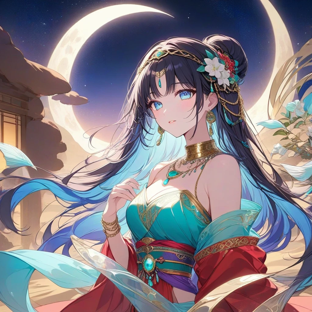 masterpiece, uhd, best quality, highres, 8k、shoot from above、upper body shot。solo、Horse ear girl、Smile。Brown Eyes、Pink Lipstick、Beautiful breasts。Shoulder less、Blue feather costume。Hands on hips。breeze、cliff、Starry Sky。