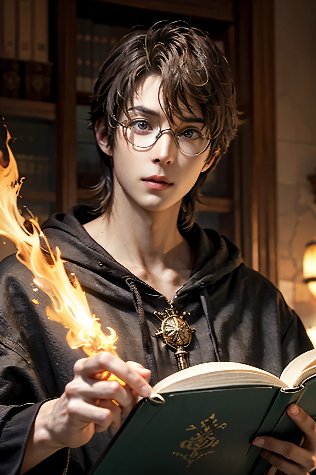 ((Brown eyes with a strong hanging angle))dark brown hair and big dark brown eyes((精密細密なplain glasses))A 30-year-old man is an advanced wizard(Smooth, smooth skin and a healthy tan)read a very large magic book(Dark brown dyed hair)A magical room with neon-glowing magic squares and magic tools、read a very large magic book((Relaxed fantasy outfits))Precise, detailed, large brown eyes(The 30-year-old man is closing his mouth)