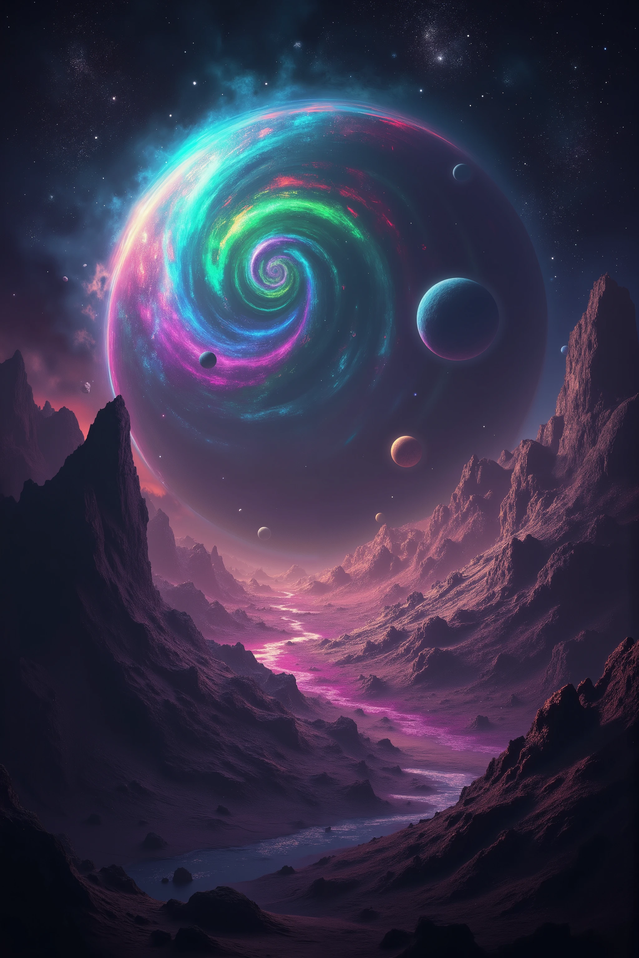 (best quality,4k,8k,highres,masterpiece:1.2),ultra-detailed,(realistic,photorealistic,photo-realistic:1.37),alien planet,phantoms,exotic landscape,shimmering rainbow,ringed planet,mesmerizing view,otherworldly beauty,mysterious atmosphere,unseen wonders,enchanted realm,spectacular celestial bodies, bright hues,dreamlike scenery,colorful sky,dramatic lighting,ethereal shadows,unexplored frontier,universe's secrets,cosmic magic,star-filled skies。
