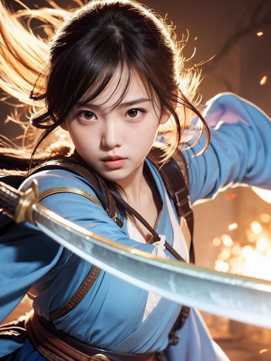 /imagine prompt: Beautiful Swordsman, beautiful face, wielding knives in the strong wind:: Wuxia::1.8 --v 5