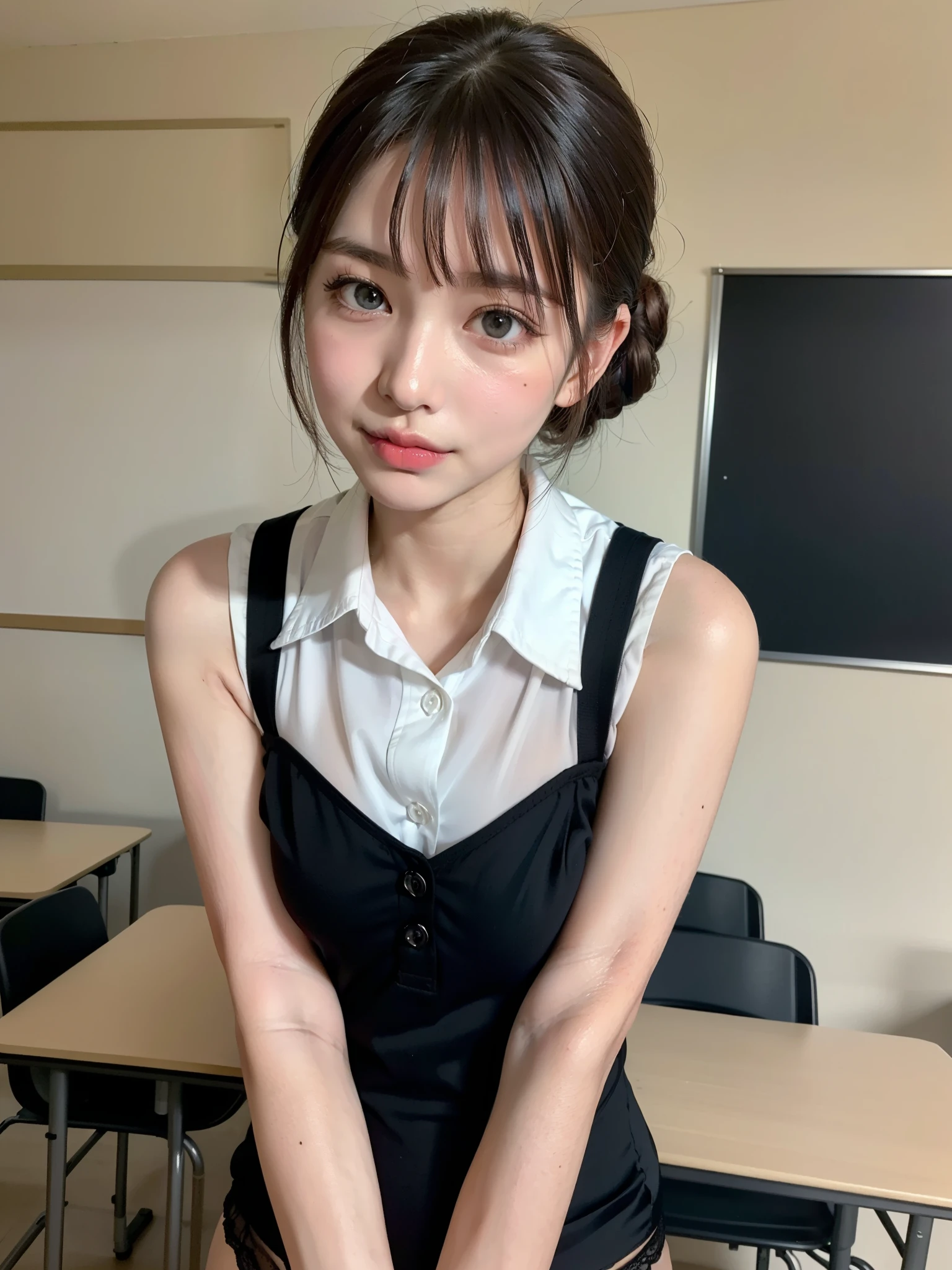 8K quality、High resolution、Beautiful fair skin texture、High resolutionの瞳、Japanese high school girls、Summer uniform、Open-neck short-sleeved white shirt、Cleavage、mini skirt、Brown Princess Hair、、Small breasts、Sweat accumulates in the chest、classroom
