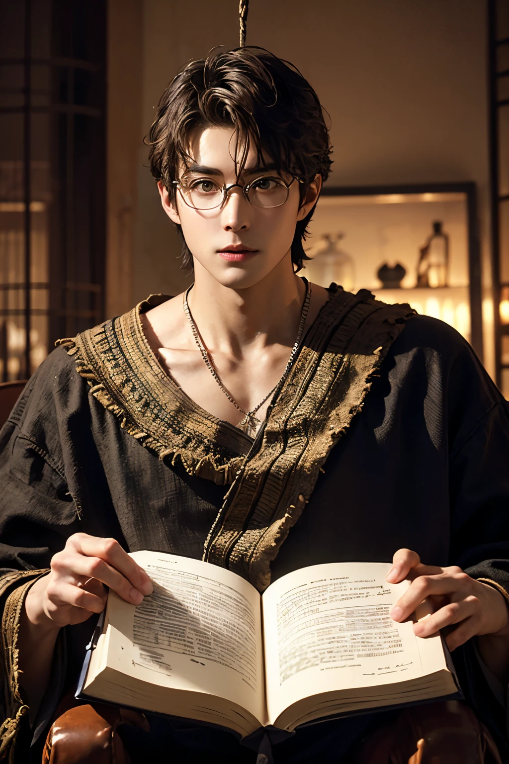 ((Brown eyes with a strong hanging angle))dark brown hair and big dark brown eyes((精密細密なplain glasses))A 30-year-old man is an advanced wizard(Smooth, smooth skin and a healthy tan)read a very large magic book(Dark brown dyed hair)A magical room with neon-glowing magic squares and magic tools、read a very large magic book(The 30-year-old man is closing his mouth)Precise, detailed, large brown eyes((Relaxed fantasy outfits))