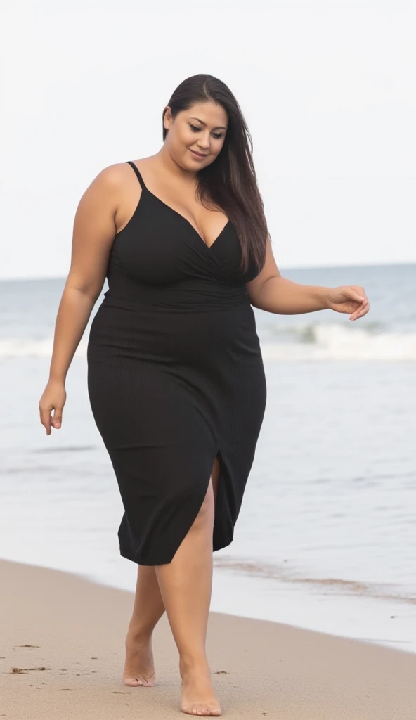 A plump woman with brown hair in a tight-fitting white dress walking with a along a rocky beach of glowing stones, moonlit night, milky way, full-face faces