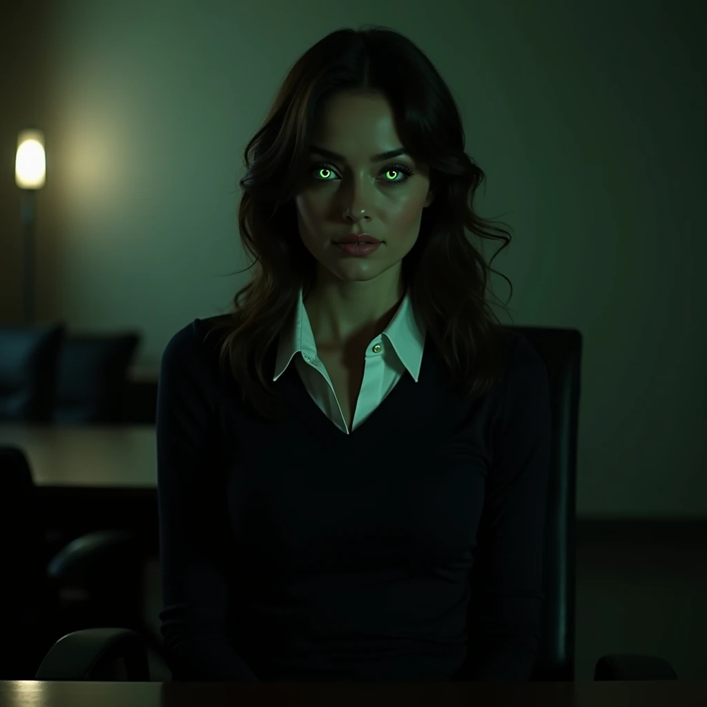 A high-angle shot of an interrogation room, with a young, attractive female lawyer sitting at a desk. She is wearing a fitted blazer and skirt, and is looking directly at the camera.