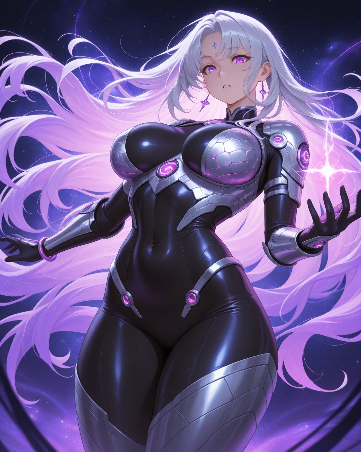(masterpiece, best quality, high resolution,) a beautiful woman, ((huge breasts)), very long and curly lilac hair, lilac eyes, black lips, makeup, plug-in suit, black pilot suit and lilac full body evil smile, black and lilac interface headphones,((white background,)), ((full body standing)),
