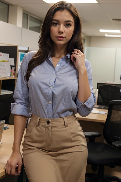 ((best quality)), ((masterpiece)), (detailed), full body picture of white woman with messy bun brown hair, office, wearing tight skirt, see through blouse, pokies, cum on 