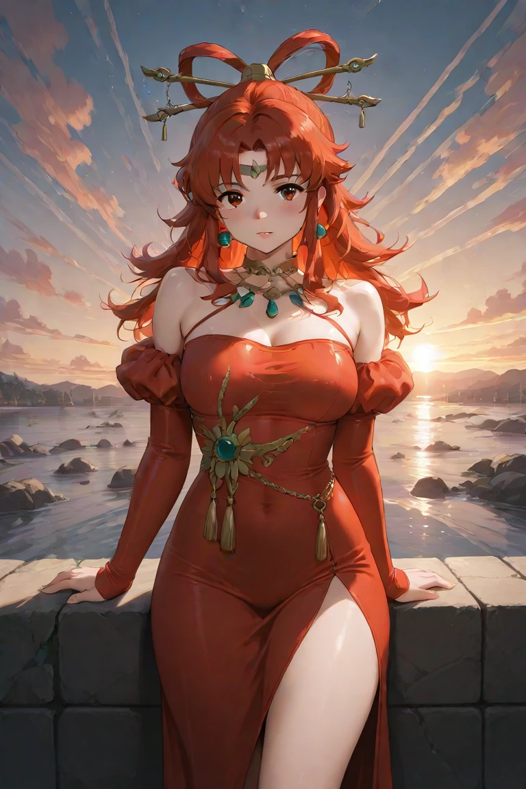 Upper body,solo woman,stand alone,long red dress covering the chest and neck,(Neck Decorations)Earrings