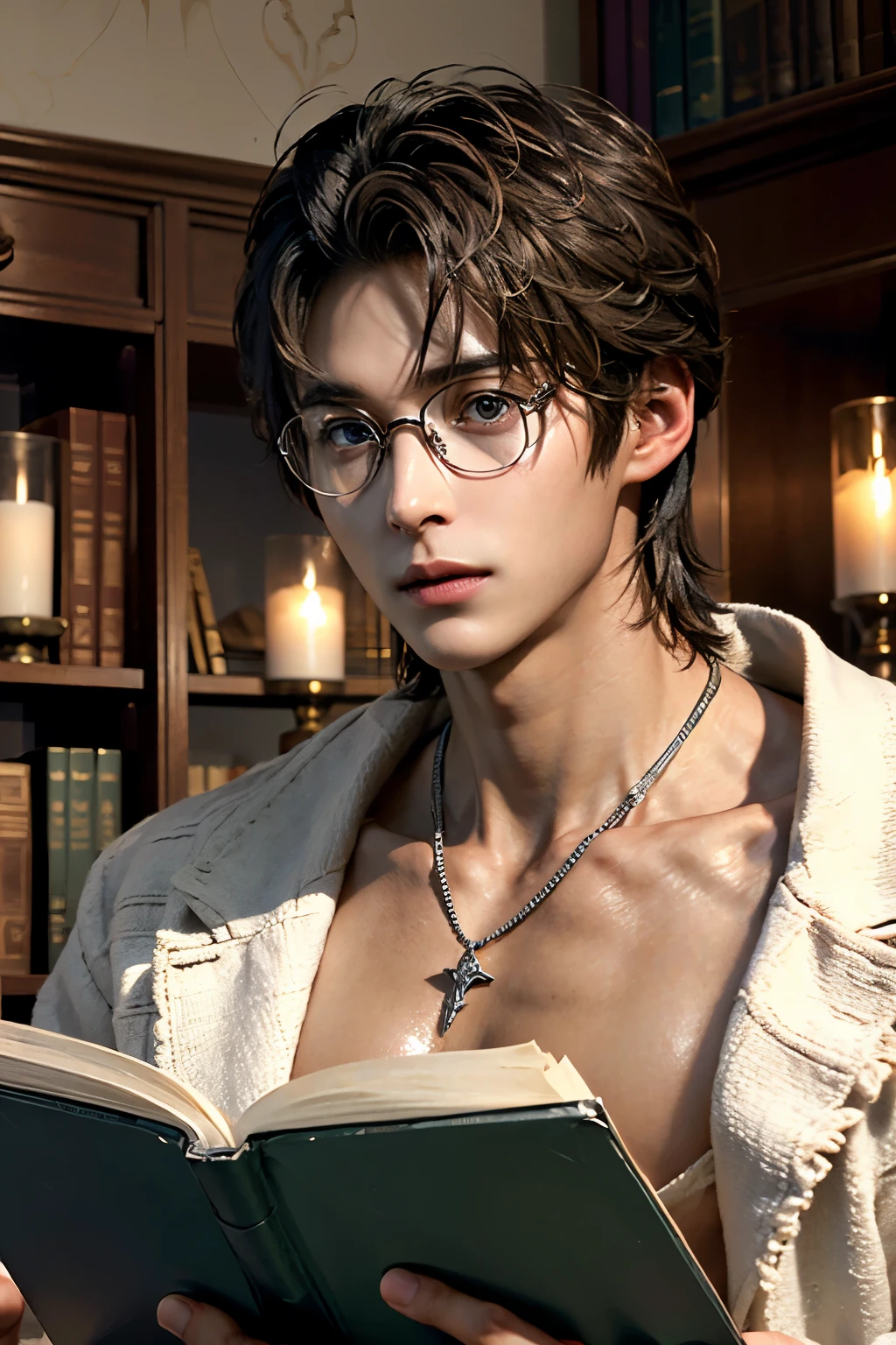 ((Brown eyes with a strong hanging angle))dark brown hair and big dark brown eyes((精密細密なplain glasses))A 30-year-old man is an advanced wizard（Smooth, smooth skin and a healthy tan）read a very large magic book（Dark brown dyed hair）A magical room with neon-glowing magic squares and magic tools、read a very large magic book（The 30-year-old man is closing his mouth）Precise, detailed, large brown eyes((Relaxed fantasy outfits))