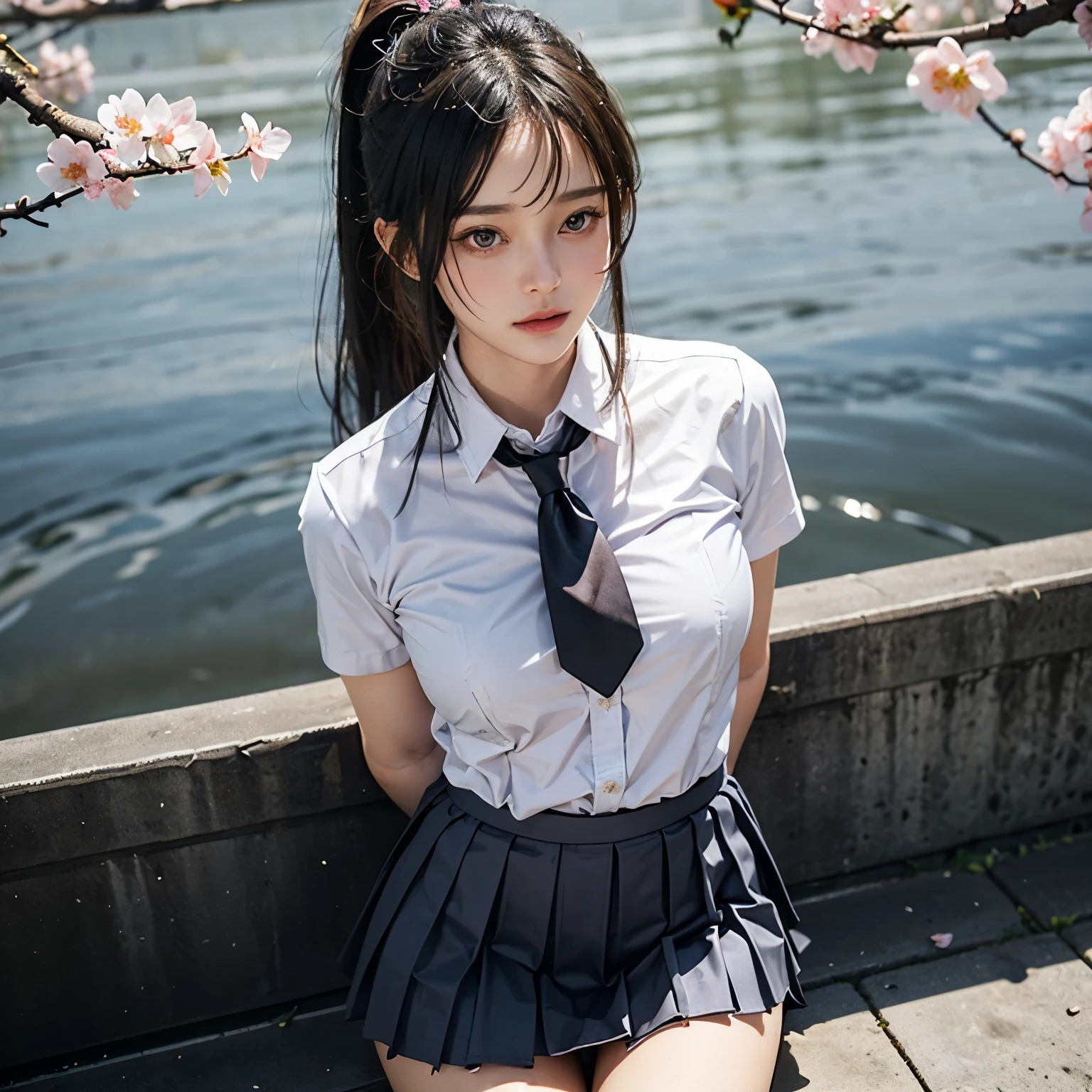 (wide_shot), masterpiece, raw, realistic, high-resolution, (detailed), (photograpy), (photorealistic), amazing, 1girl,  (korean mixed, kpop idol), (cute 20 age old korean girl), large breasts, skirt and tie standing in the water with her arms behind her back and her head tilted, light smile,