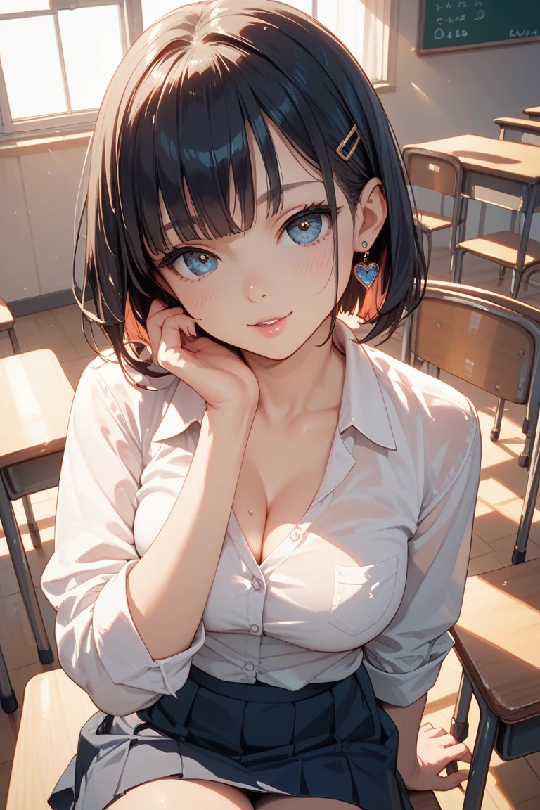 ((beautiful face))、very delicate facial、creamy、masterpiece、1 girl、14talent、small breasts、small breasts、small breasts、highest quality、ultra high resolution、(photorealistic:1.4)、whole body、、shine softly、great scene lighting、(inside the classroom)、((black off) -shoulder dress))、look at the audience、necklace