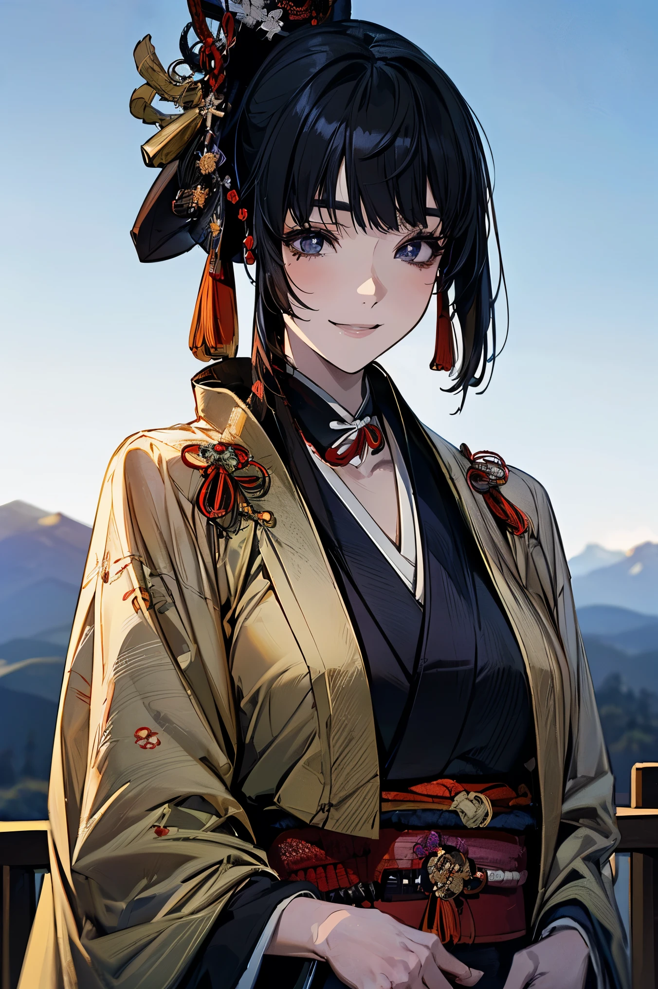 (masterpiece:1.5),beautiful hair,beautiful eyes,beautiful lips,Beautiful slender body,(Konno Anna:1.2),(Riho Yoshioka:1.1),(close your eyes and smile:1.3),(Mountains in the background:1.4),bust illustration from the front ,Cleavage,((((An Extraordinary Beauty:1.7)))),(((( kimono,military jacket,Taisho Romance:1.5)))),((19-year-old single woman holding a fish in her hand:1.1)),(accurately depicted anatomically correct hands:1.1)black hair,long lashes,Three-dimensional, jewel-like eyes,Very delicate and beautiful CG,2. 5D illustration, anatomically accurate body, (Extremely precise illustrations:1.1),(Outdoors:1.4), (wallpaper:1.4),8k