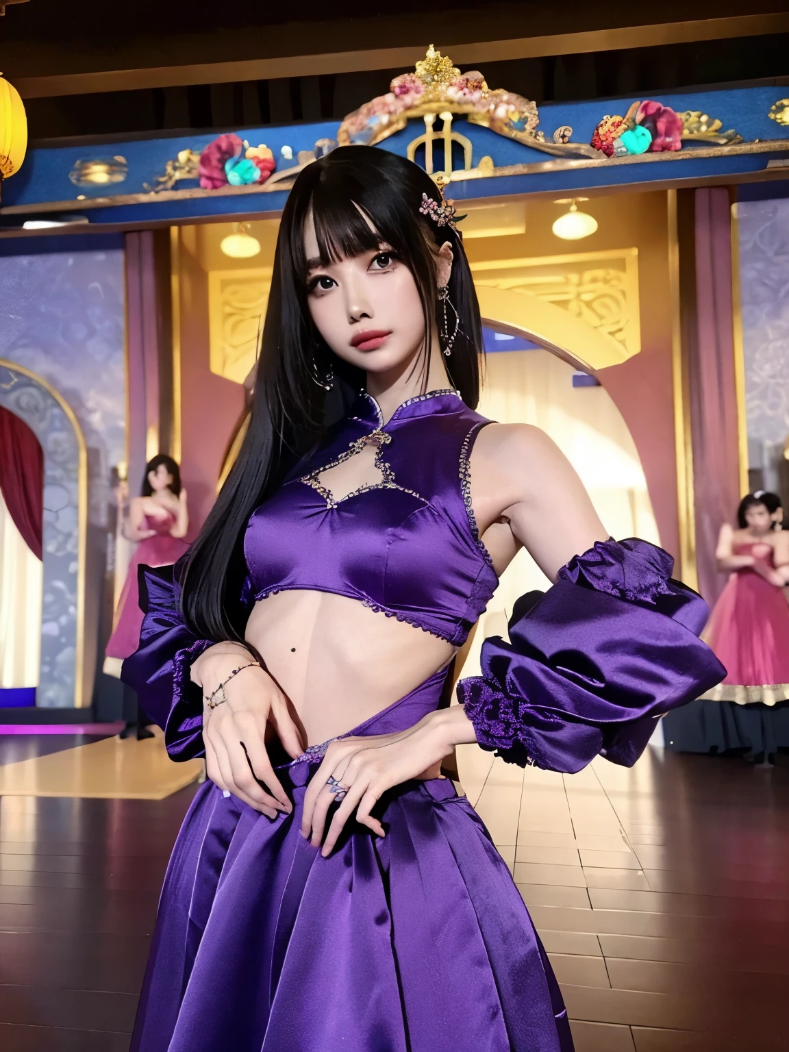 realistic, high definition, female 1 person, hip lift, beautiful eyes, long hair, Circular eyes, jewelry by T, Tattoo, Chinese Fairy, purple dress, waist, dance pose,