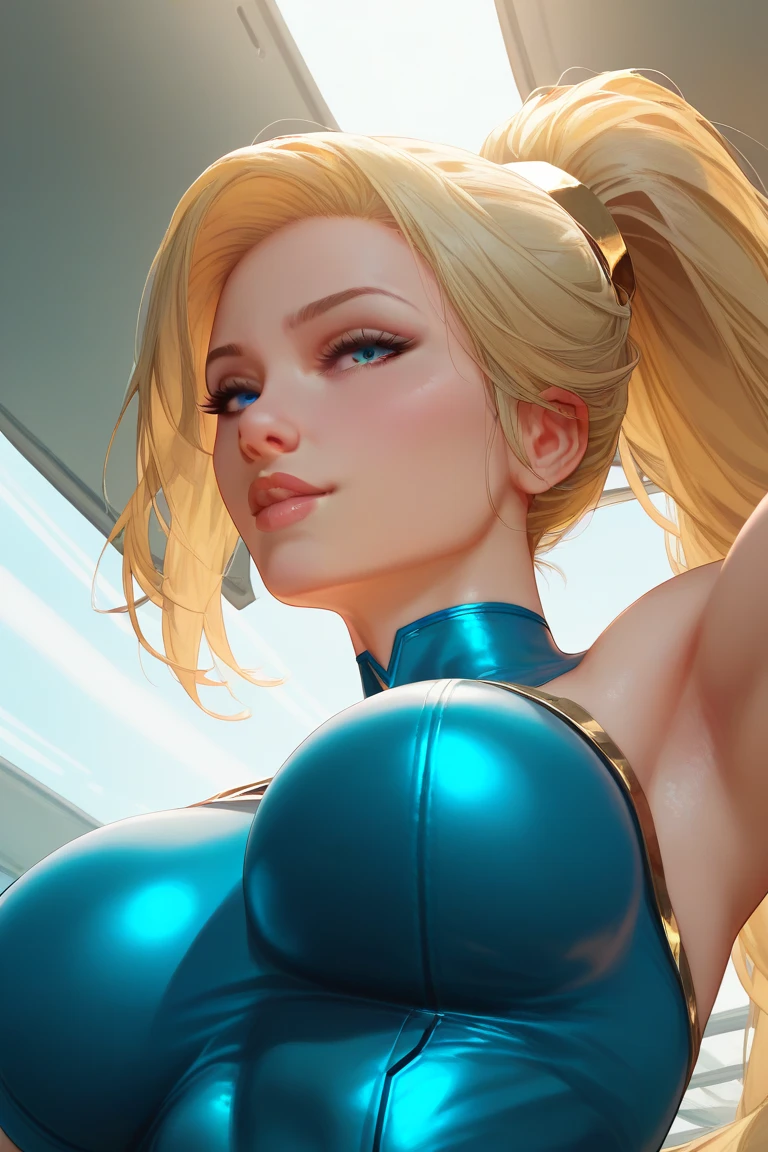 8k,masterpiece, bset quality,big, (1 girl), blue_eyes, blonde hair, long hair, professional lighting, (shiny skin: 1.2), shiny big, ((best quality)), sharp focus: 1.2, highly detailed face and skin texture, detailed eyes, perfect face, perfect body, blur art, cg, background, Big breasts, presence (20yo, mature cool and beautiful face), wearing ((blue skirt), white taut shirt, thigh), blush, (mittgal), random pose, top view, perfect eye, angry face