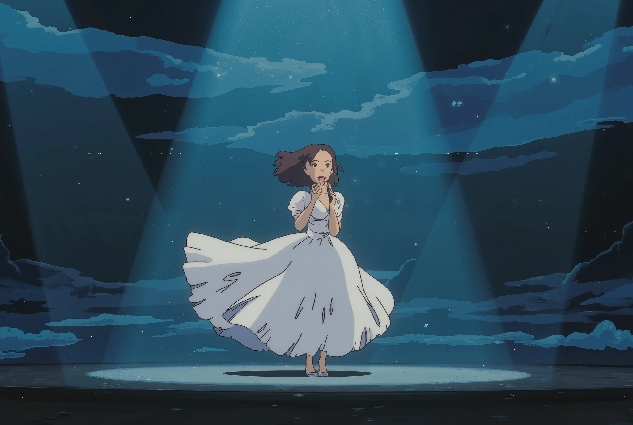 On stage，A  in a dress is singing，panoramic，full body