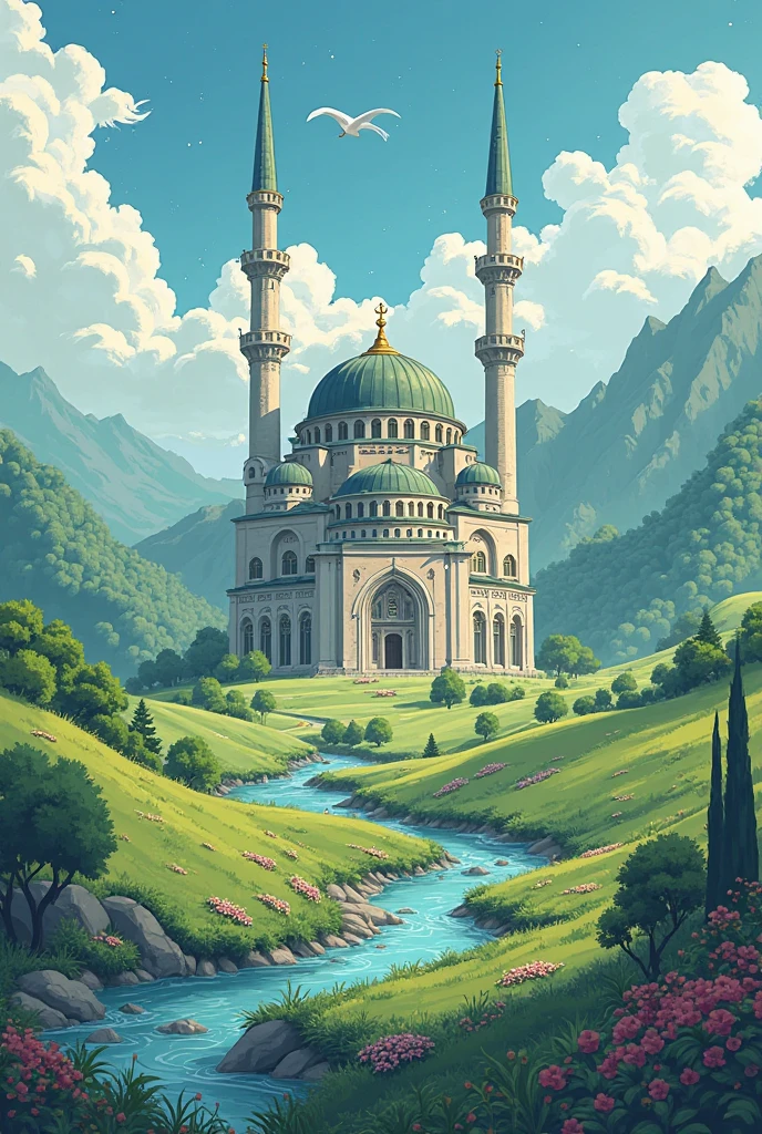 The photo depicts a scenic landscape featuring a minaret in the foreground. The minaret has intricate geometric patterns and a domed roof with open arches below it, characteristic of Islamic architecture. Behind the minaret, there is a picturesque view of a rural area with scattered houses, lush green trees, and rolling hills extending into the distance. The hills are partially illuminated by sunlight, creating a contrast with the shadows cast by the clouds above. The sky is partly cloudy, adding a dynamic element to the serene environment. The overall atmosphere is tranquil and scenic, capturing the beauty of a mountainous region.