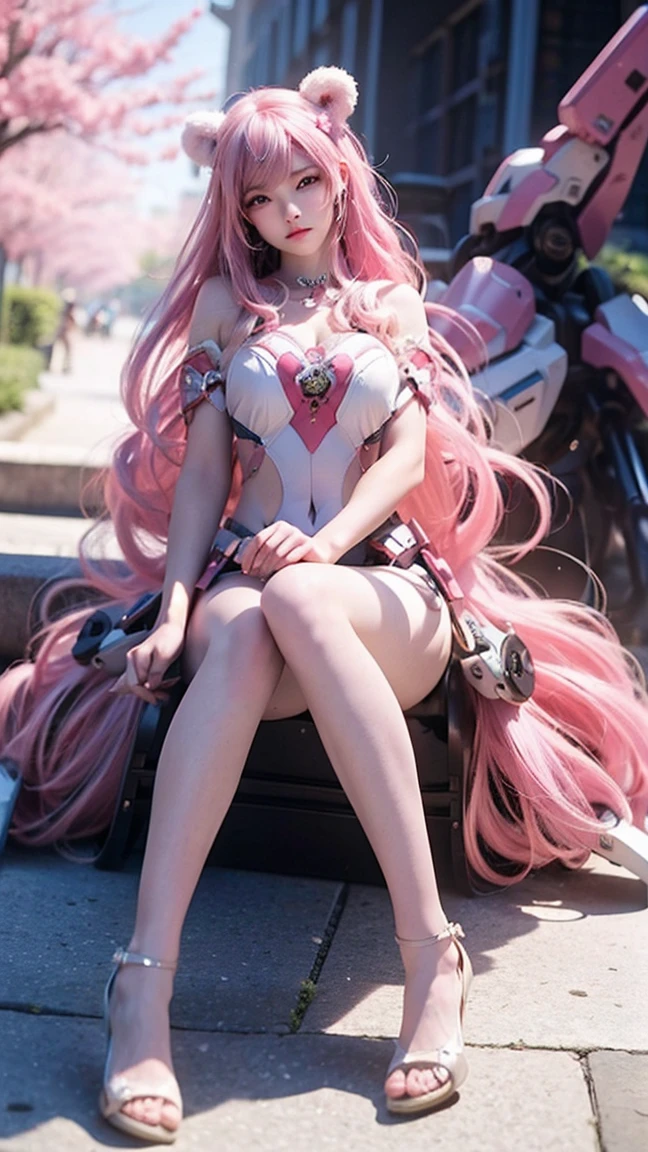 (realistic,masterpiece, highest quality: 1.4),(woman,smile(pink hair,RED streaked hair,perm hair)),((butt 1,4)(Pose showing your back))(latex suit,Lace embroidery,headdress,choker,gloves up to the elbow,garter stockings,cloak),(garden,colorful flowers)
