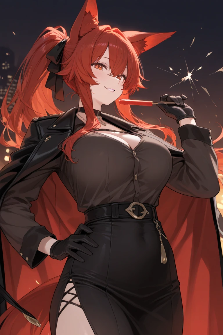 1 female, teacher, wearing a ripped black suit, ripped shirt, showing cleavage, light red tie, bootyshorts, Thicc, yellow hair, short hair, red eyes, face to detail, detailed eyes, the background is a dark kitchen, angry while showing her fangs,