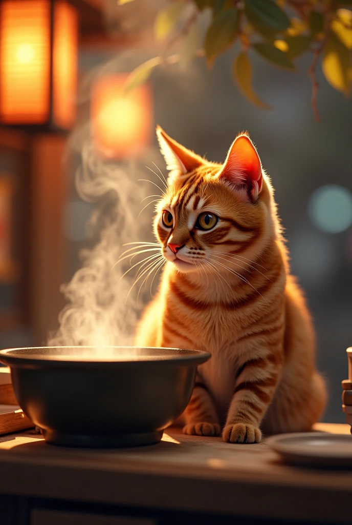 Un portrait en gros plan captivant d'un joli chat roux tigré  illuminé par la douce lumière dorée d'un matin tranquille, entrain de faire des ramen, dans un stands traditionnel japonais