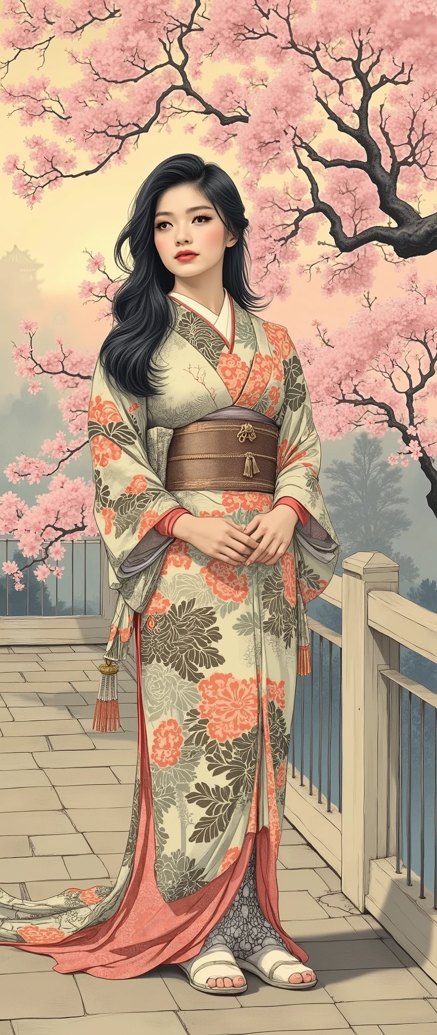 Quiet Japanese garden、Woman in a Hakama 、sparkling detailed black eyes、 dark hair、long hair、moist lips、cherry blossoms in full bloom、Pedestrian bridge、Pagoda、Ukiyo-e style、Hokusai inspiration、8k、complicated and detailed、pastel color schemes、Golden Hour、peaceful、quiet atmosphere、 ink art、best quality、masterpiece:1.4、high definition、isometric drawing