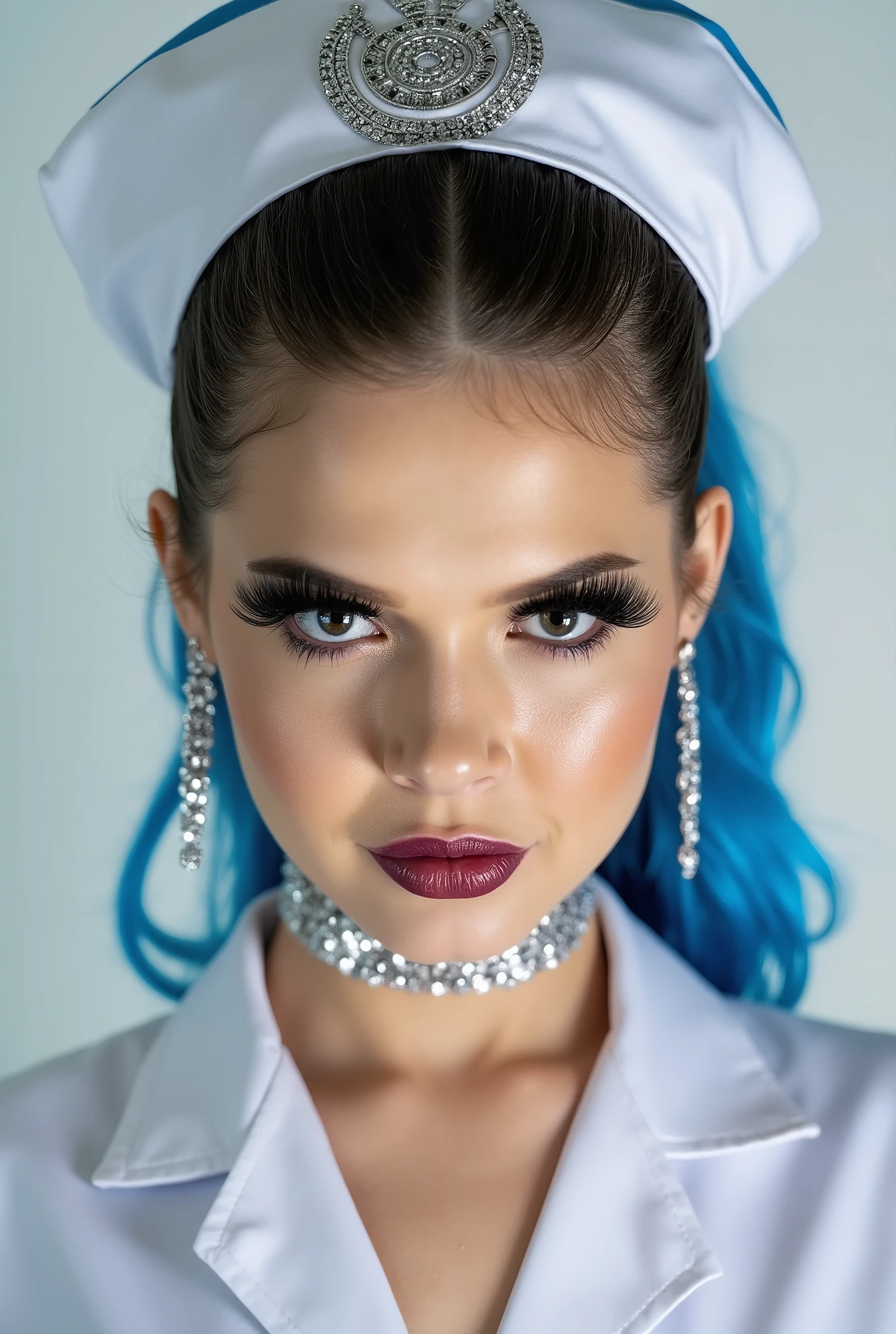 incredibly long and voluminous eyelash extensions, Bright black makeup makeup, diamond earrings , black lips, blue hair, She laughs, in a nurse's suit, silver choker on the neck, light background, Half-updo,