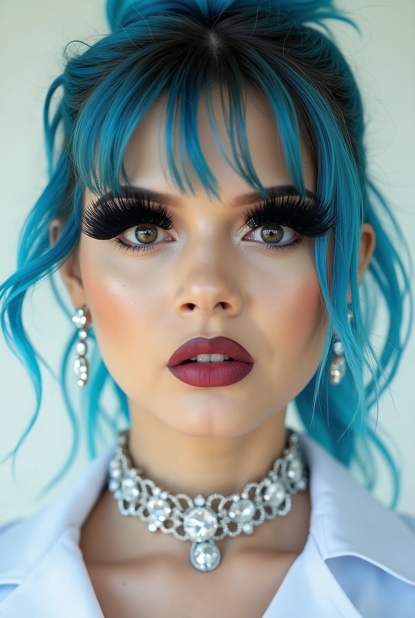 incredibly long and voluminous eyelash extensions, Bright black makeup makeup, diamond earrings , black lips, blue hair, She laughs, in a nurse's suit, silver choker on the neck, light background, Half-updo,