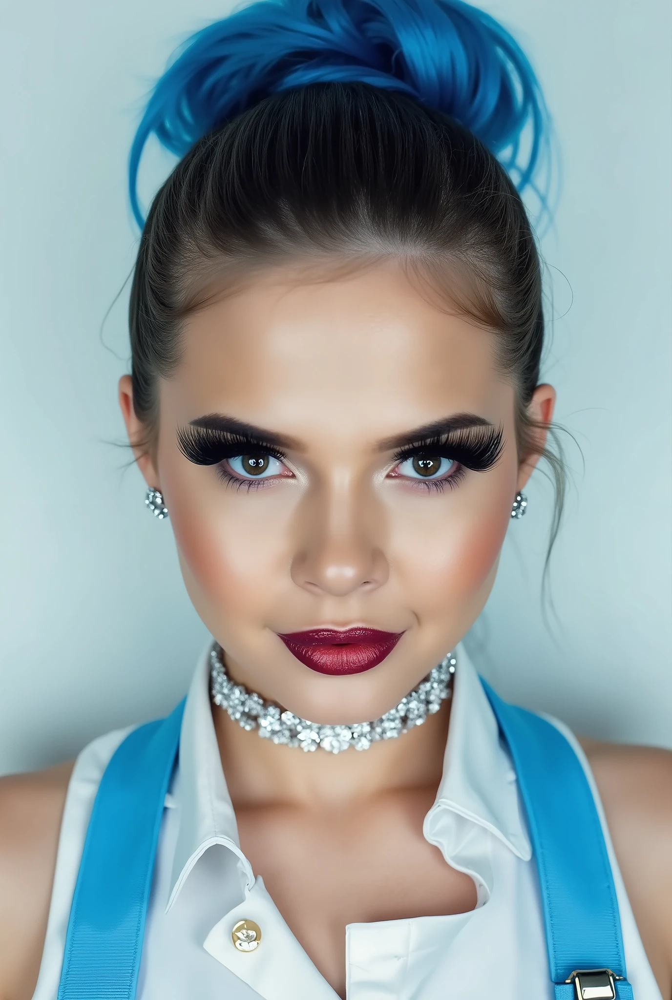 incredibly long and voluminous eyelash extensions, Bright black makeup makeup, diamond earrings , black lips, blue hair, She laughs, in a nurse's suit, silver choker on the neck, light background, Half-updo,