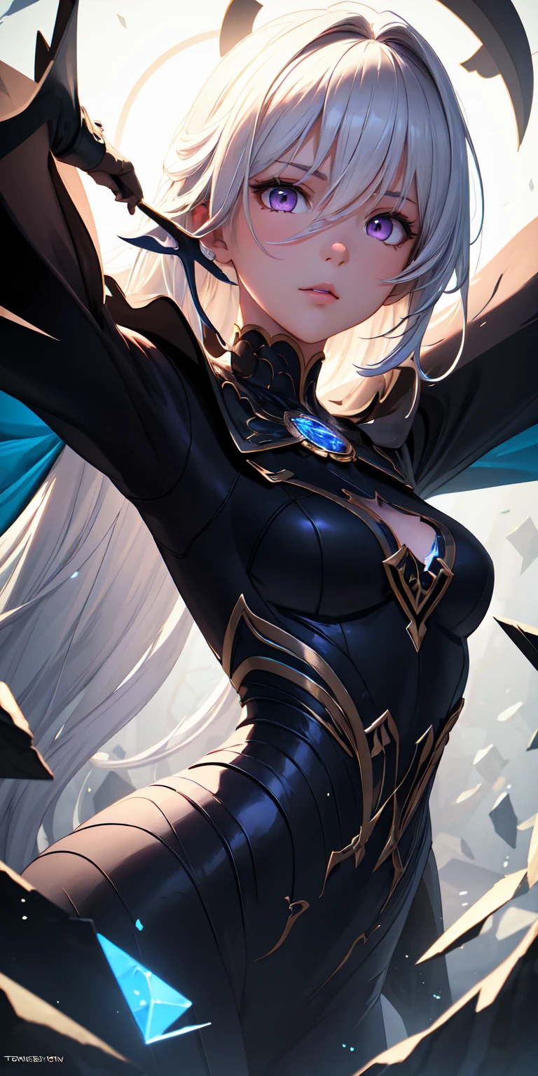 (work of art, best qualityer, ultra detali, best shade), (detailed back ground,black fantasy), (beautifull detailed face), hight contrast, (better lighting, extremely delicate and beautiful), ((cinematic light)), colorfully, hyper detail, Dramatic light, details Intricate, (1 girl, standing alone,White hair, sharpy face,purples eyes, hair between the eyes,dynamic angle), blood splatters, rotating black light around the character, Depth of field,black light particles,(vidro quebrado),magic circle,