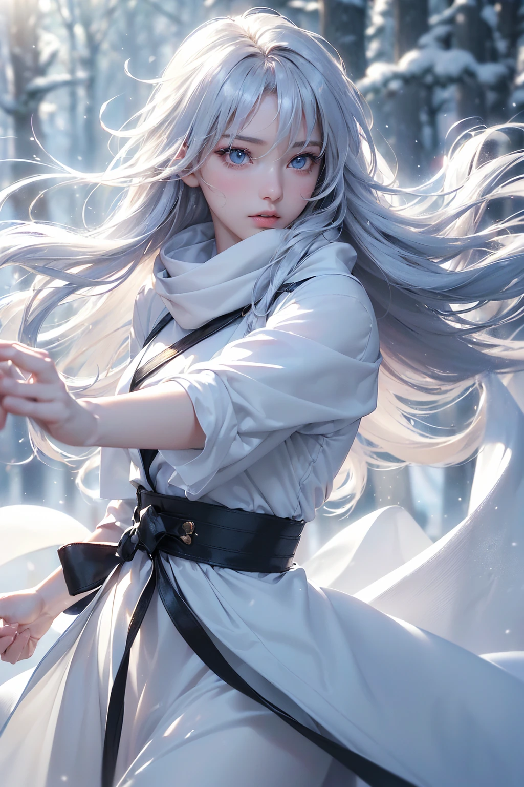 ((masterpiece:1.5、8k、Portraiture、Photorealistic and very detailed CG、Very detailed、Particle Effects、Dynamic Effects、Shallow depth of field、Cinematic Light、Lens flare、Ray Tracing、Tabletop、Realistic:1.4、Ultra-high resolution:1.2、Realistic、Realistic))((alone、,A woman wearing a cashmere coat over an off-the-shoulder dress:1.4、wear a long scarf、White Belt、coat、Elegant woman posing、Detailed face、brightexpression、young, bright, Whiter skin、small breasts、Best Looks、Ultimate beauty、Shiny silver hair with highlights、bright and shiny hair,、Super long, Silky straight hair、Hair dancing in the wind))(morning、outdoors, winter, snow falling)
