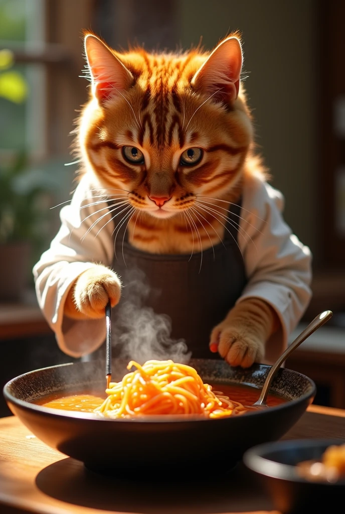Un portrait en gros plan captivant d'un joli chat  roux tigré , chef cuisinier ,   illuminé par la douce lumière dorée d'un matin tranquille , cuisinant  des ramen, dans un stands traditionnel japonais