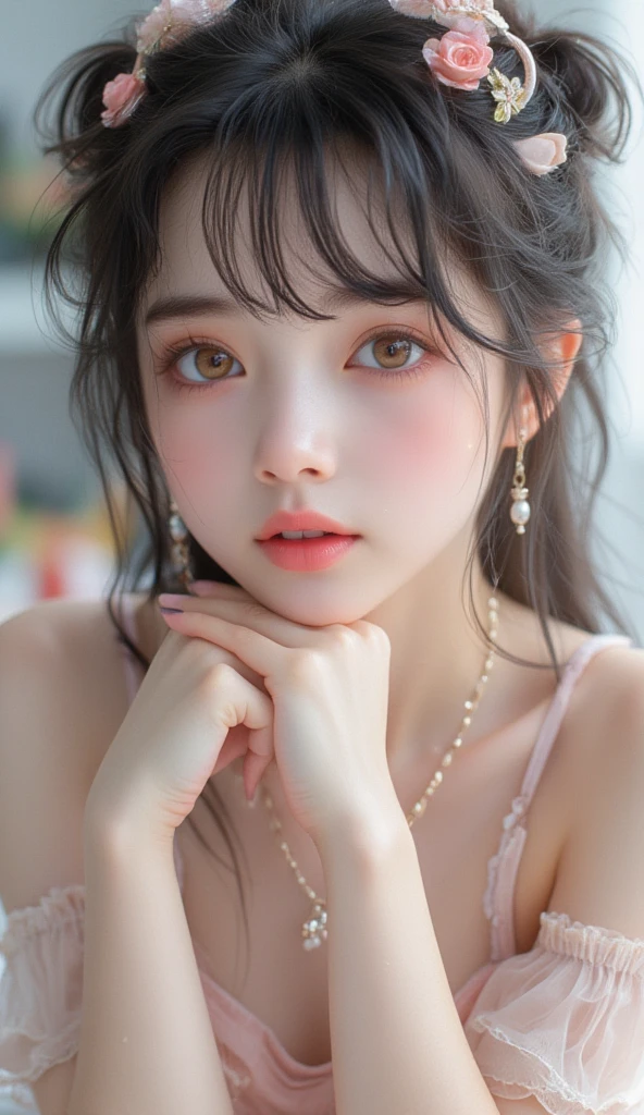 ((iridescence)),((Highest quality, 8K, masterpiece :1.3)), 1 innocent girl:1.3, (short hair,Beautiful breasts :1.2 , Highly detailed face, Beautiful Eyes, double eyelid,whole body,Cute face,(Realistic Face),(Realistic Skin),Smart Body,half Japanese and half European,Innocent face